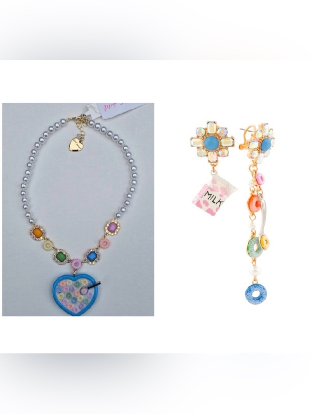 BETSEY JOHNSON SET Cereal Faux Pearl Crystal Accent Necklace & Earrings NEW NWT